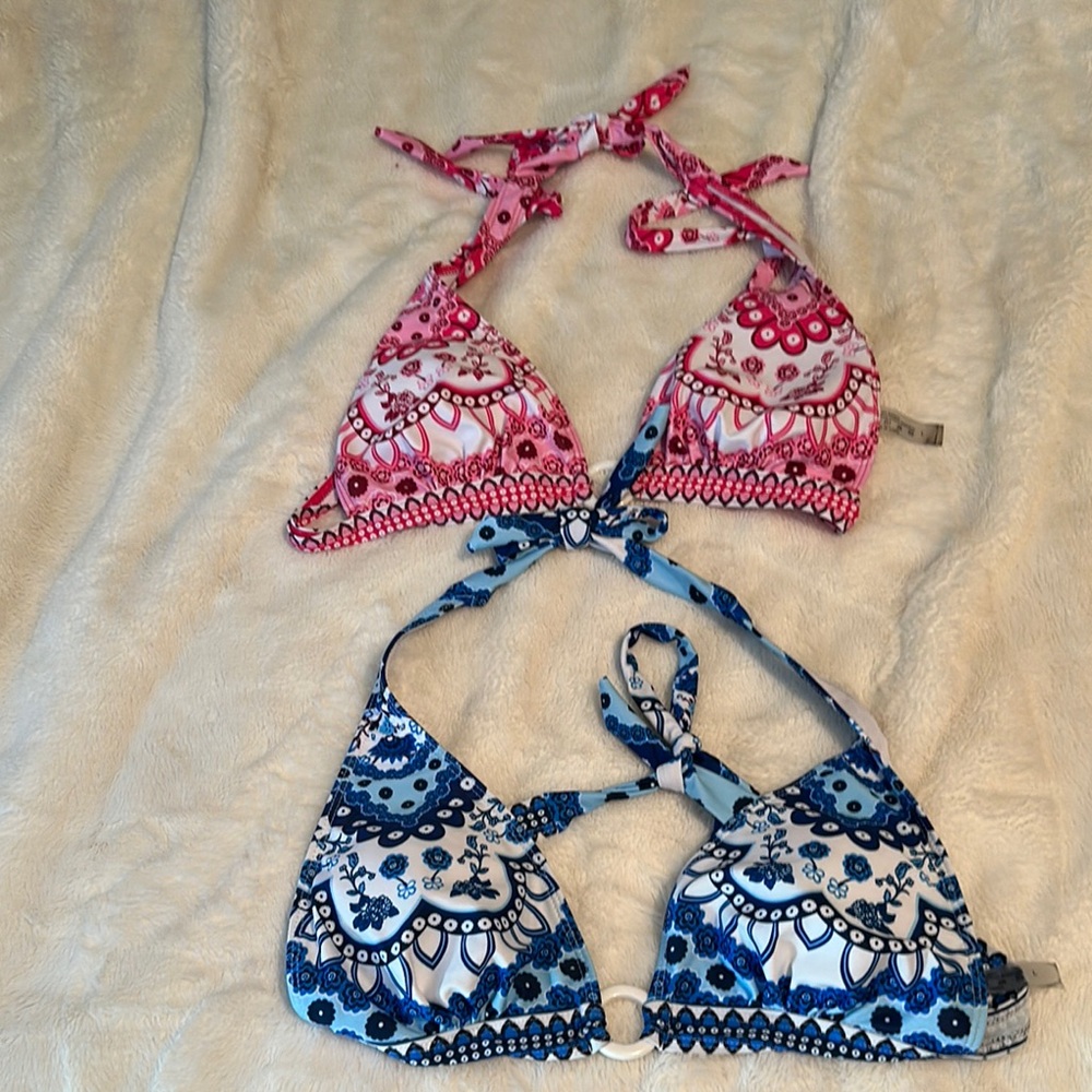 Pink and Blue Patterned Halter Bikini Tops